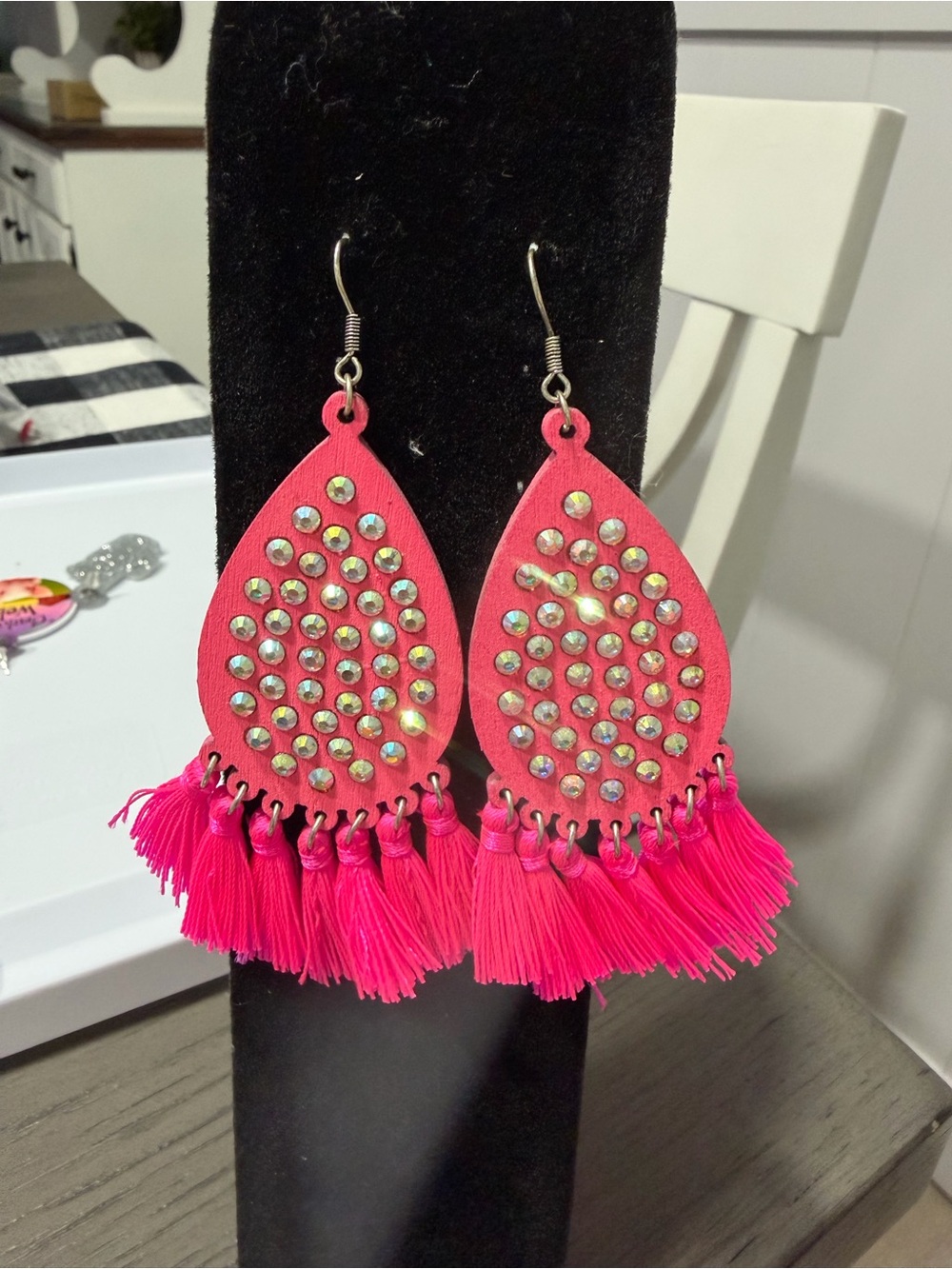 Hot Pink Teardrop Tassel Earrings with Rhinestones - Women Jewelry